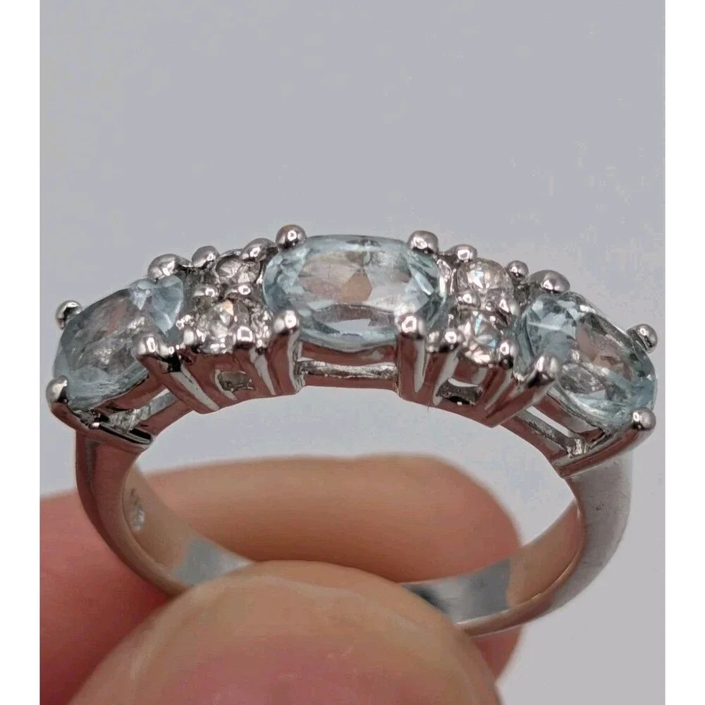 Light Blue Topaz Cubic Zirconia 925 Plated Silver Ring 1.6 Carat 2.95g